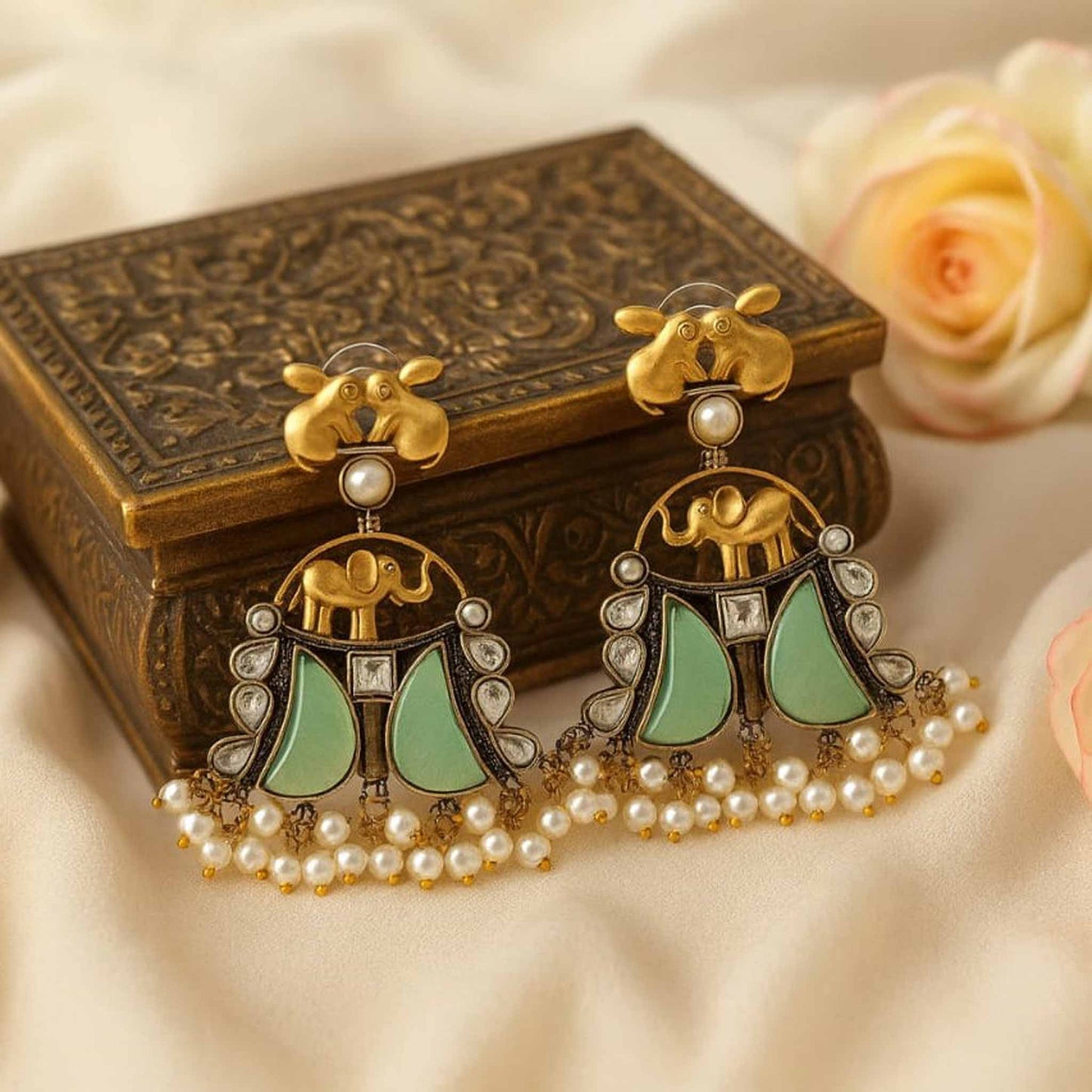 Royal Elephant Motif Pearl Drop Statement Earrings