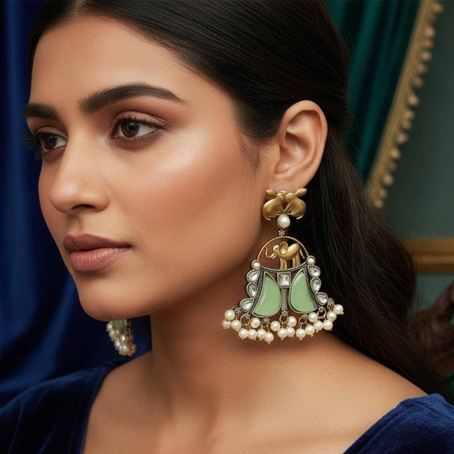 Royal Elephant Motif Pearl Drop Statement Earrings