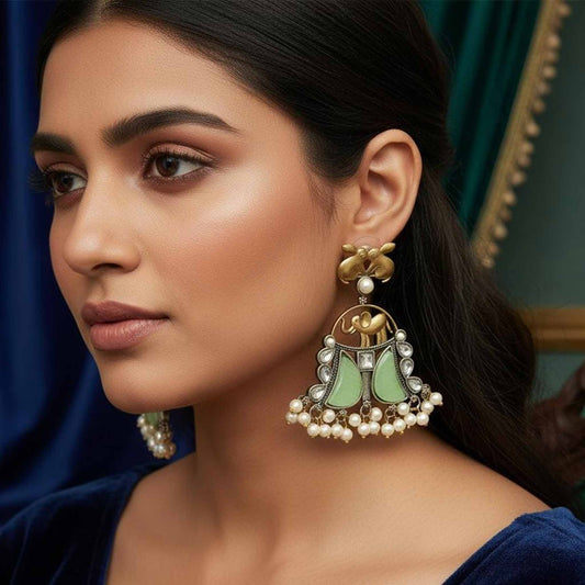 Royal Elephant Motif Pearl Drop Statement Earrings