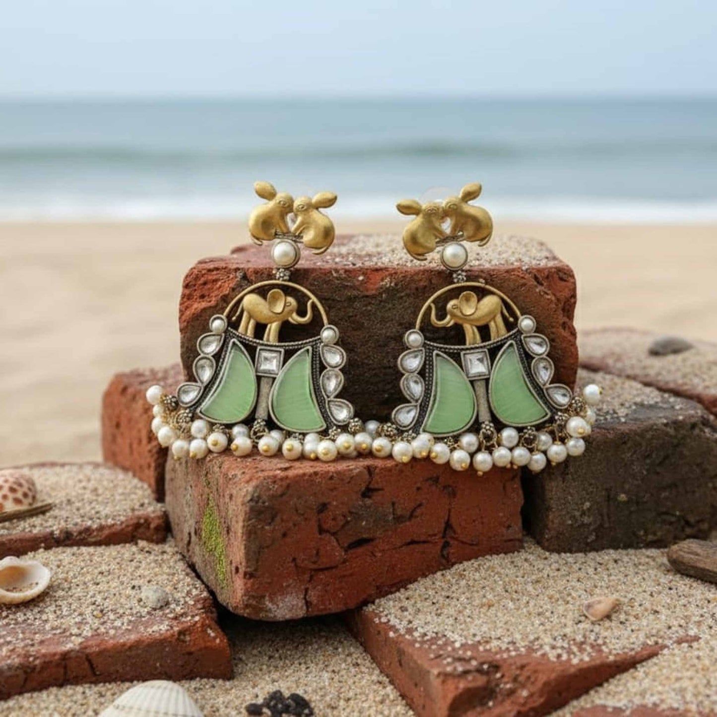 Royal Elephant Motif Pearl Drop Statement Earrings