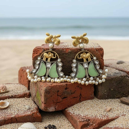 Royal Elephant Motif Pearl Drop Statement Earrings