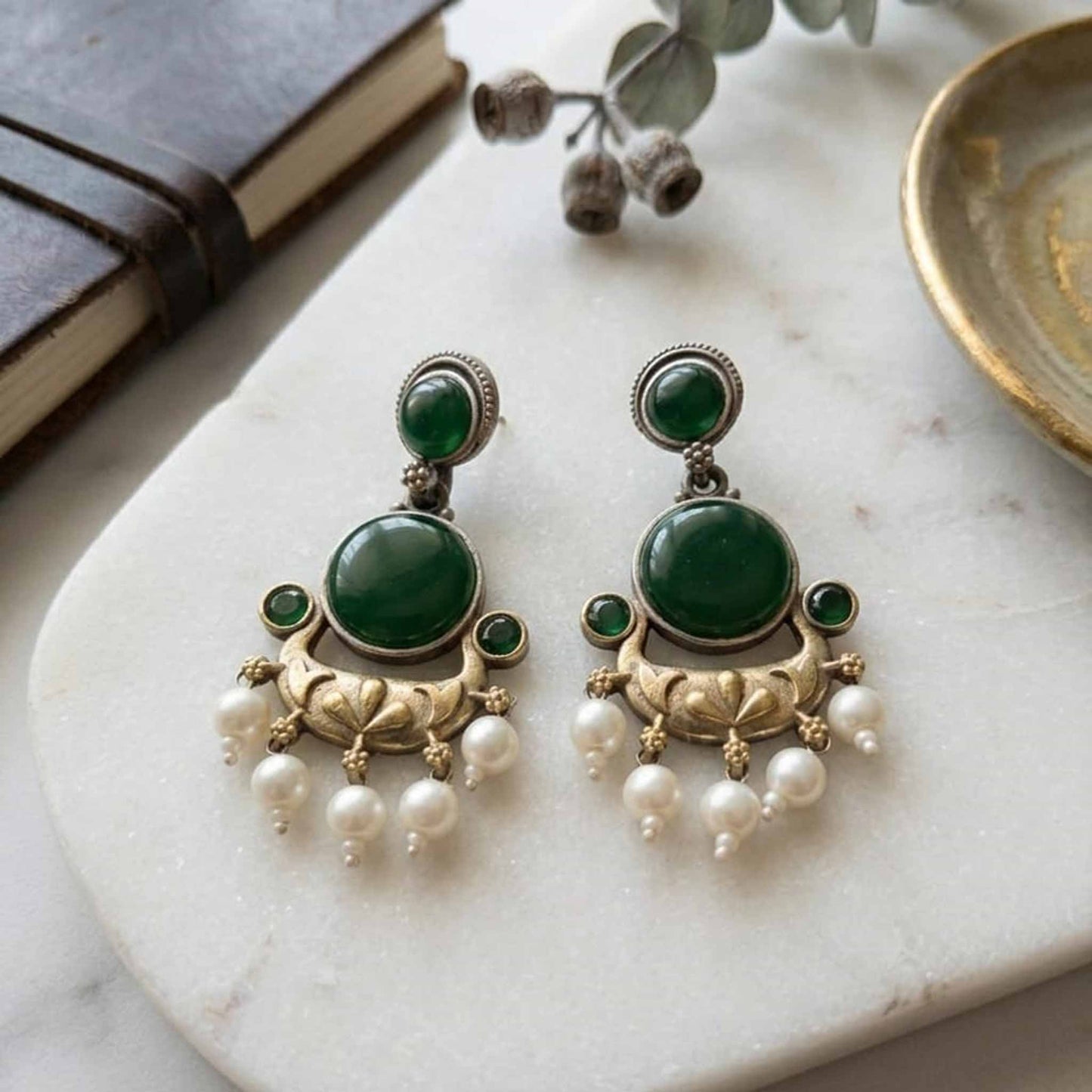 Ruby Red Stone Pearl Drop Ethnic Statement Earrings
