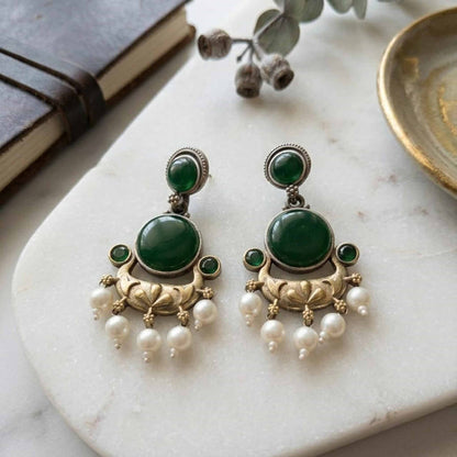 Ruby Red Stone Pearl Drop Ethnic Statement Earrings
