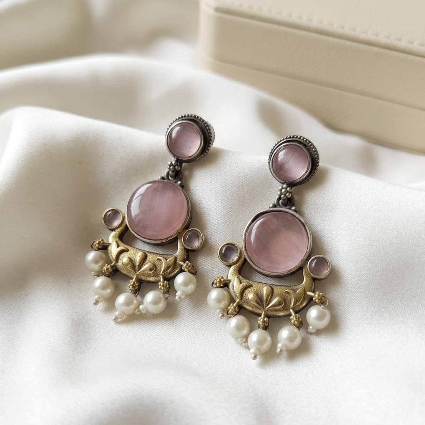 Ruby Red Stone Pearl Drop Ethnic Statement Earrings