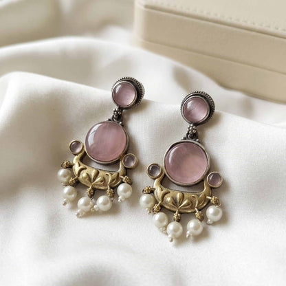 Ruby Red Stone Pearl Drop Ethnic Statement Earrings