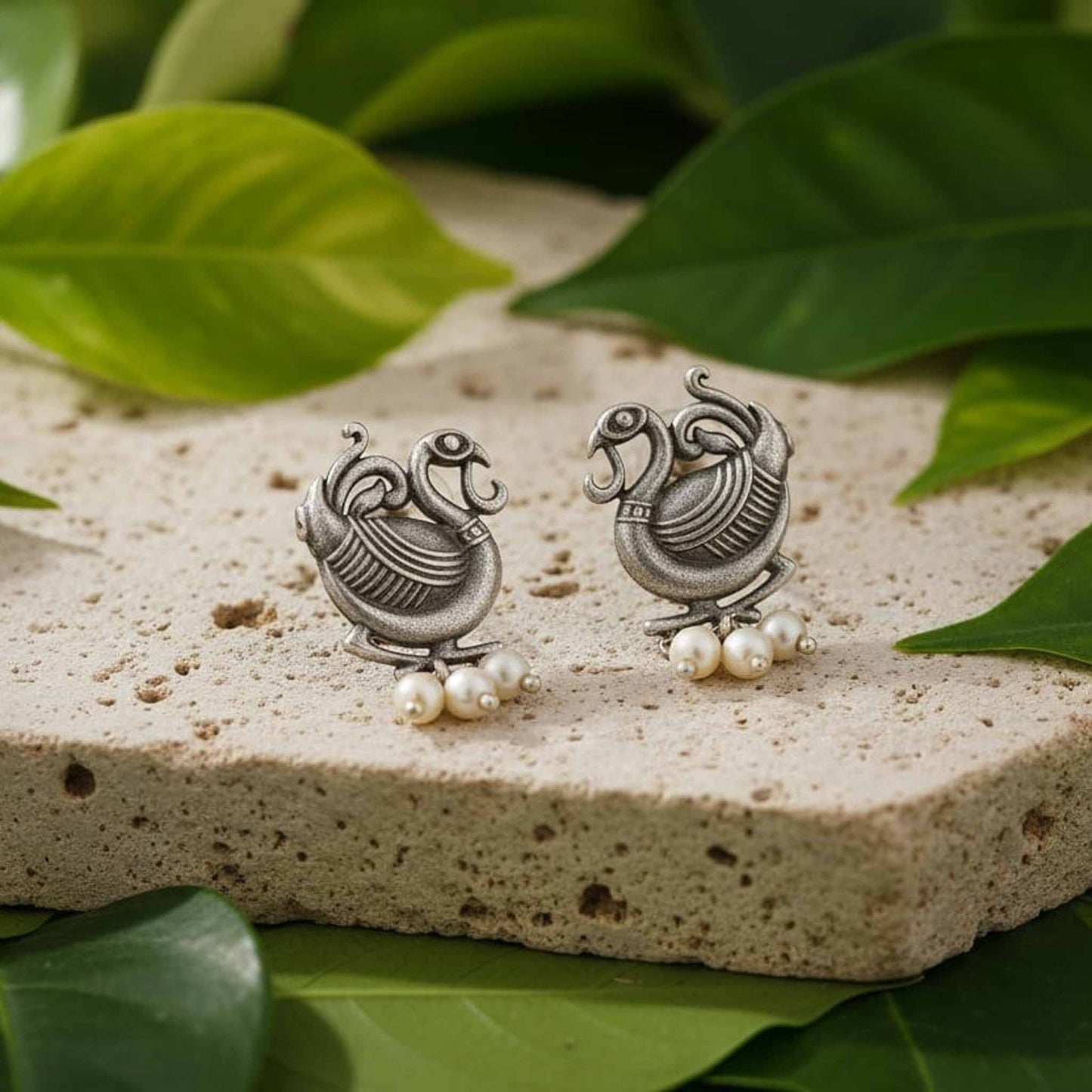 German Silver Peacock Pearl Stud Earrings