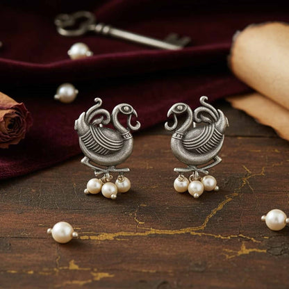 German Silver Peacock Pearl Stud Earrings