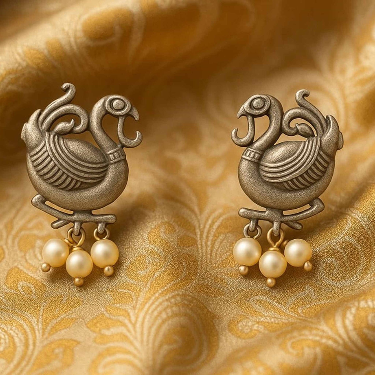 German Silver Peacock Pearl Stud Earrings