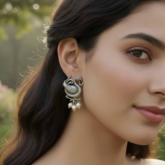 German Silver Peacock Pearl Stud Earrings