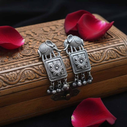 Elephant Motif Ethnic Drop Earrings with Floral Detailing