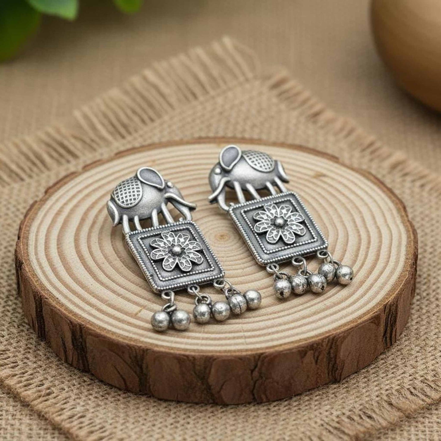 Elephant Motif Ethnic Drop Earrings with Floral Detailing