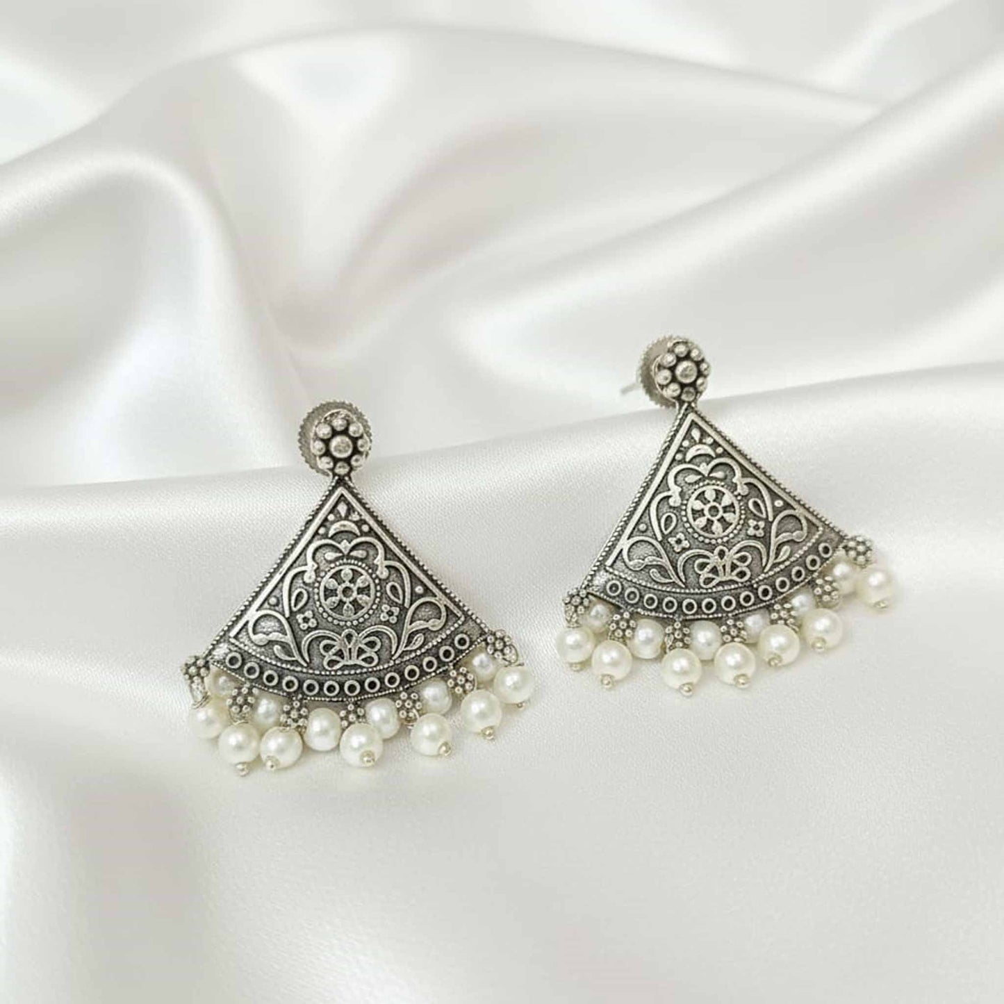 Triangle Pearl Drop German Silver Earrings – Ethnic Statement Studs