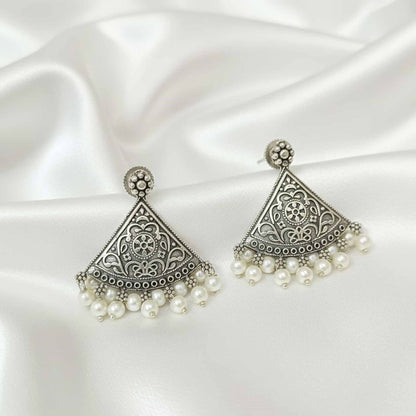 Triangle Pearl Drop German Silver Earrings – Ethnic Statement Studs
