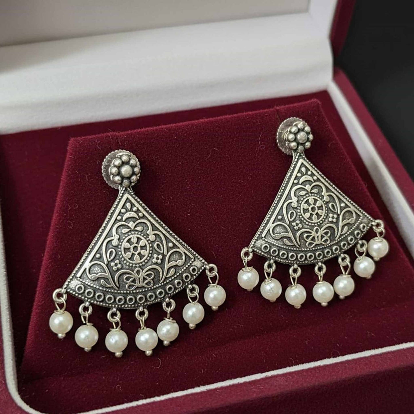 Triangle Pearl Drop German Silver Earrings – Ethnic Statement Studs