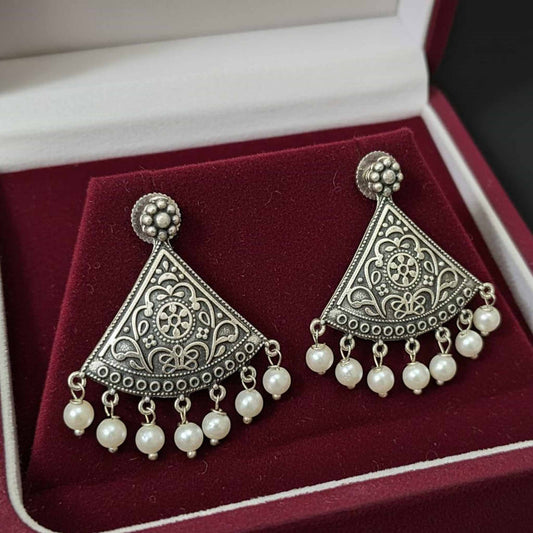 Triangle Pearl Drop German Silver Earrings – Ethnic Statement Studs