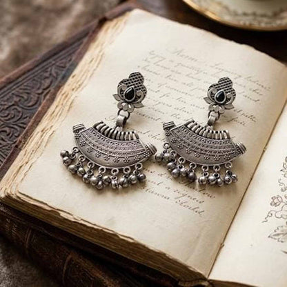 Antique Crescent Floral German Silver Statement Earrings
