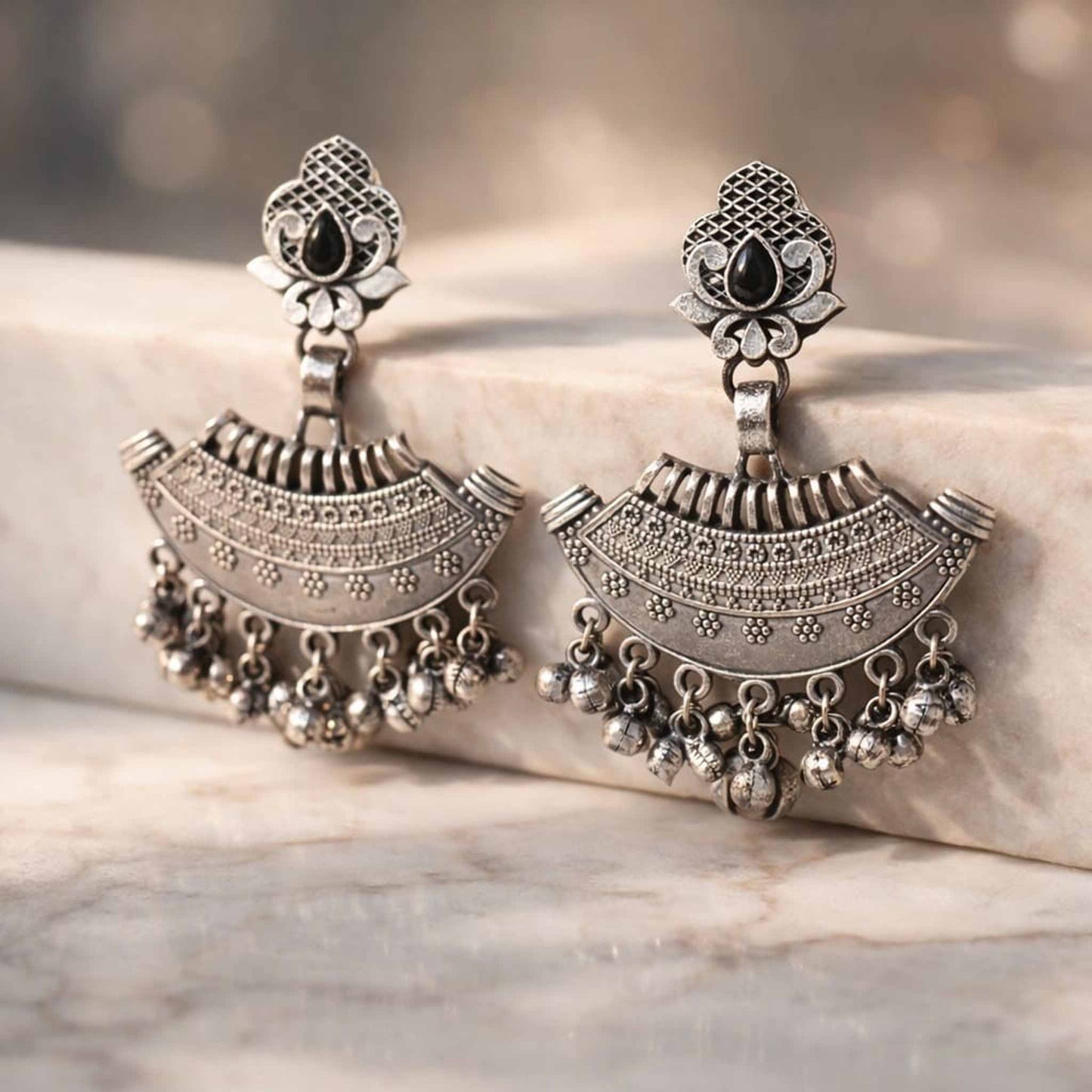 Antique Crescent Floral German Silver Statement Earrings