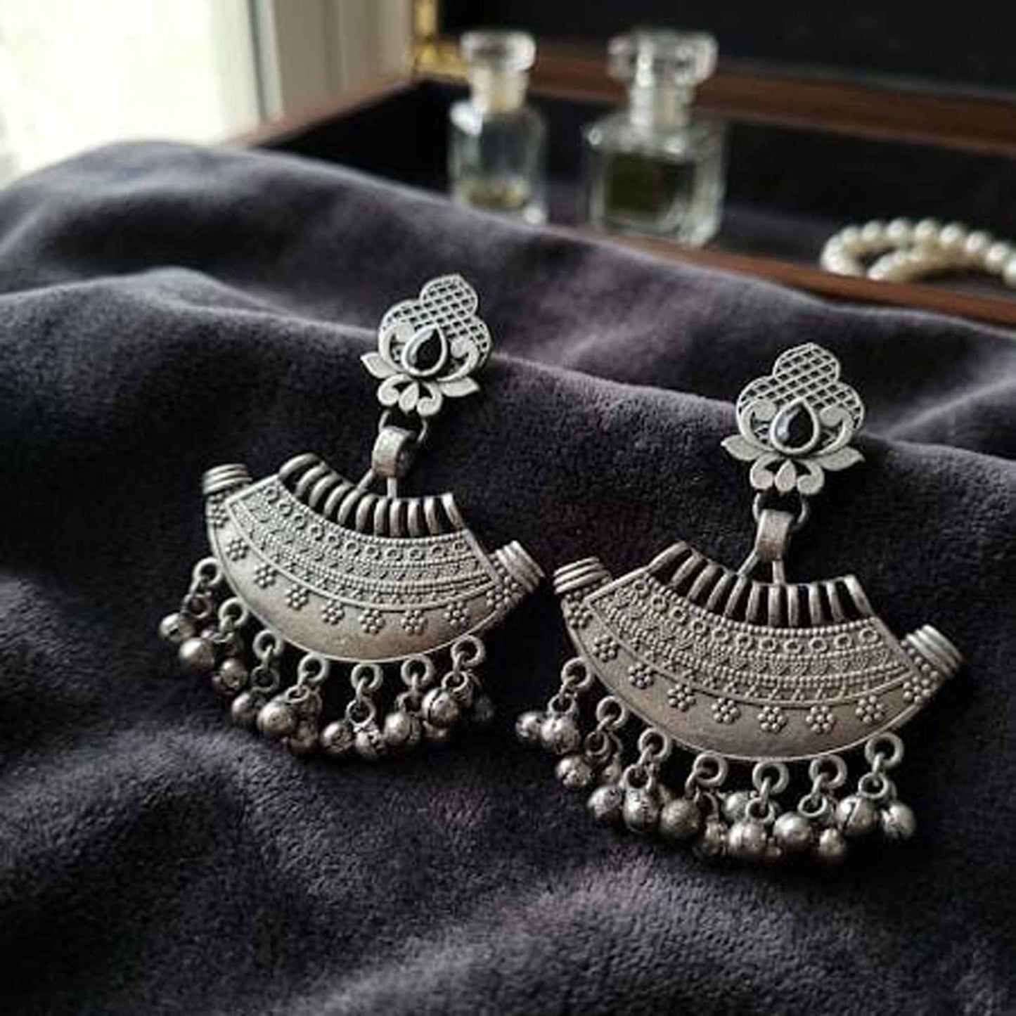 Antique Crescent Floral German Silver Statement Earrings