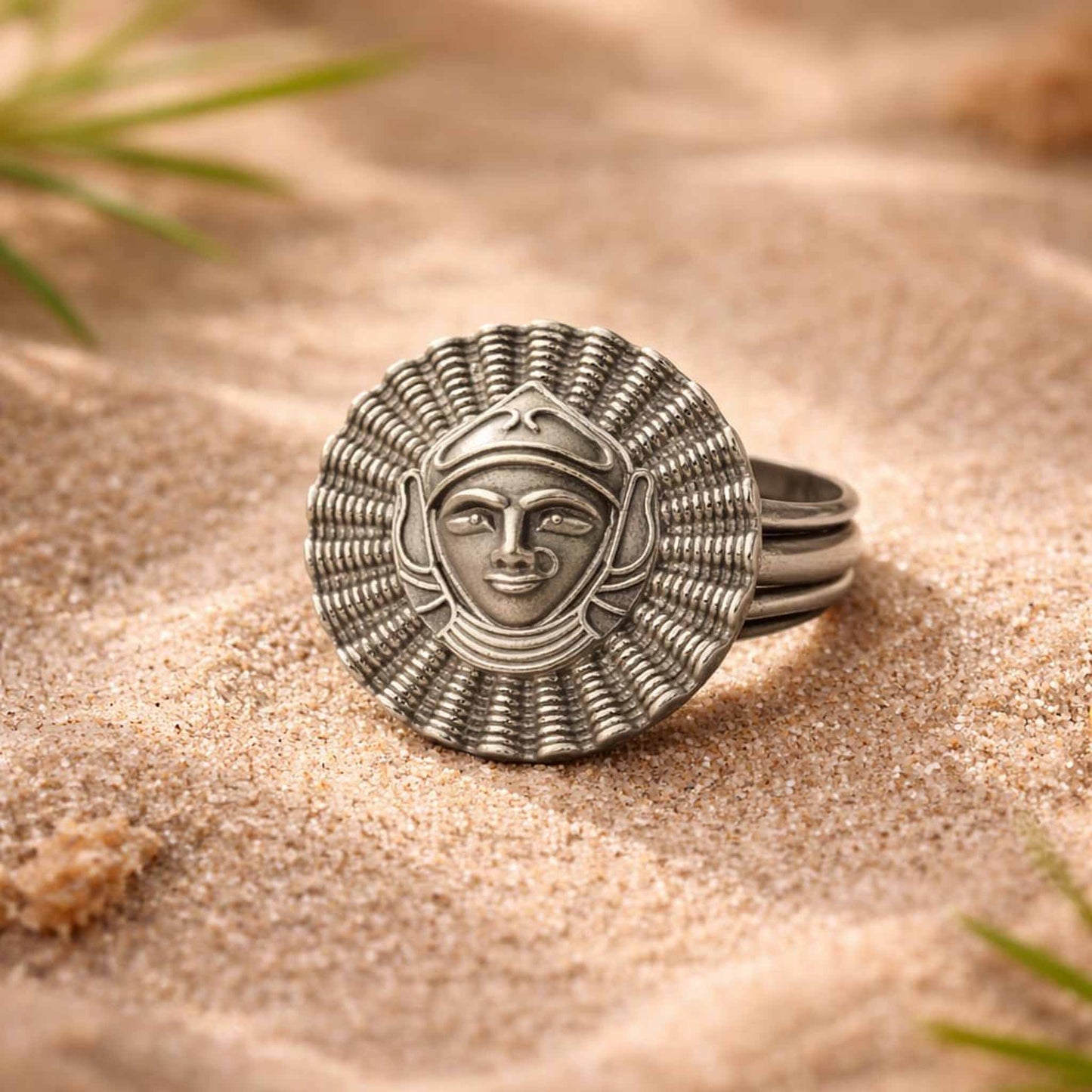 Tribal Sun Face German Silver Statement Ring for Women