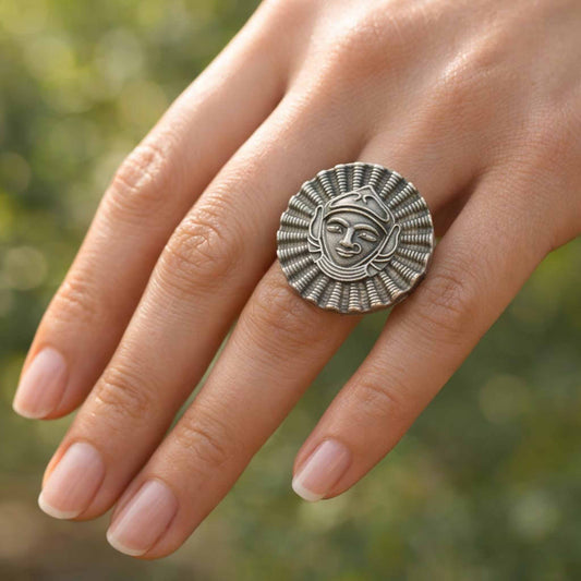 Tribal Sun Face German Silver Statement Ring for Women
