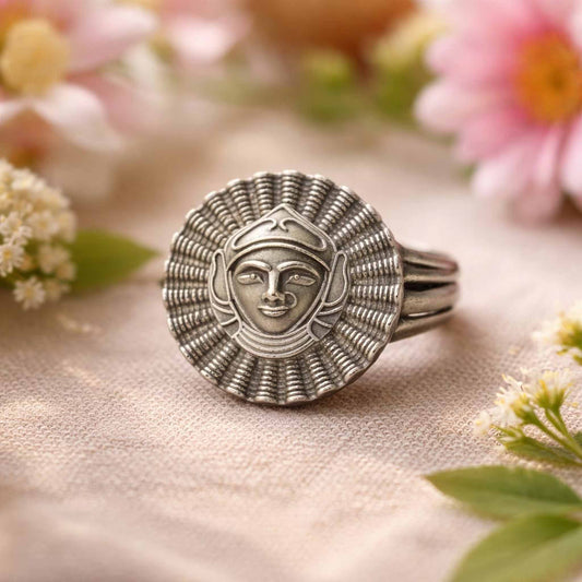 Tribal Sun Face German Silver Statement Ring for Women