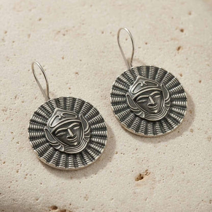 Tribal Face Round German Silver Earrings – Boho Ethnic Statement
