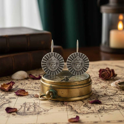 Tribal Face Round German Silver Earrings – Boho Ethnic Statement