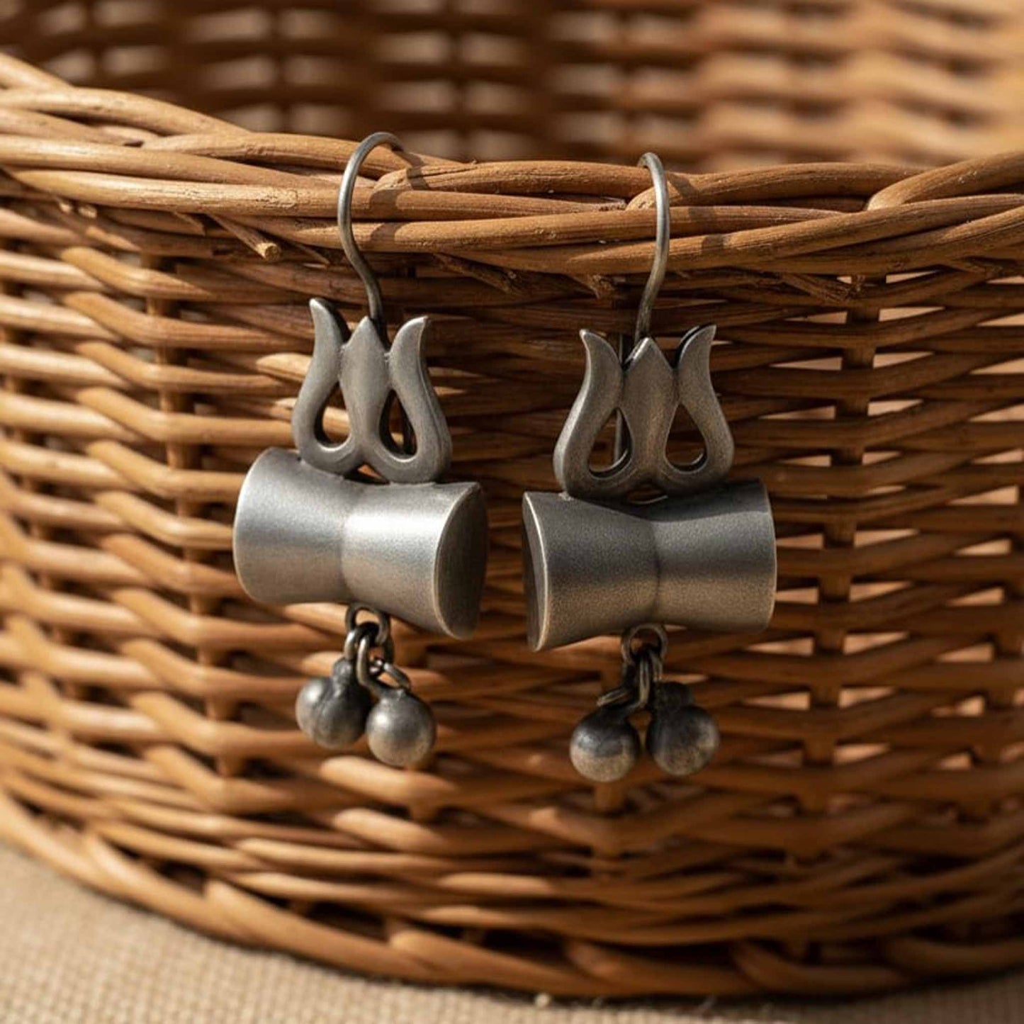 Minimal Tribal German Silver Hook Earrings with Ghungroo Charm