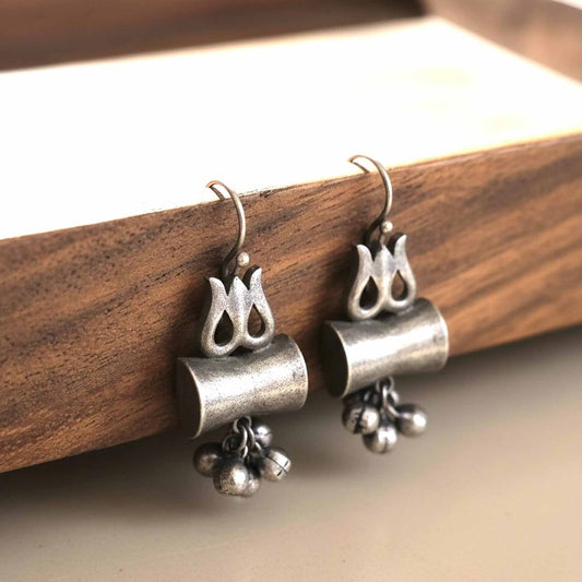 Minimal Tribal German Silver Hook Earrings with Ghungroo Charm