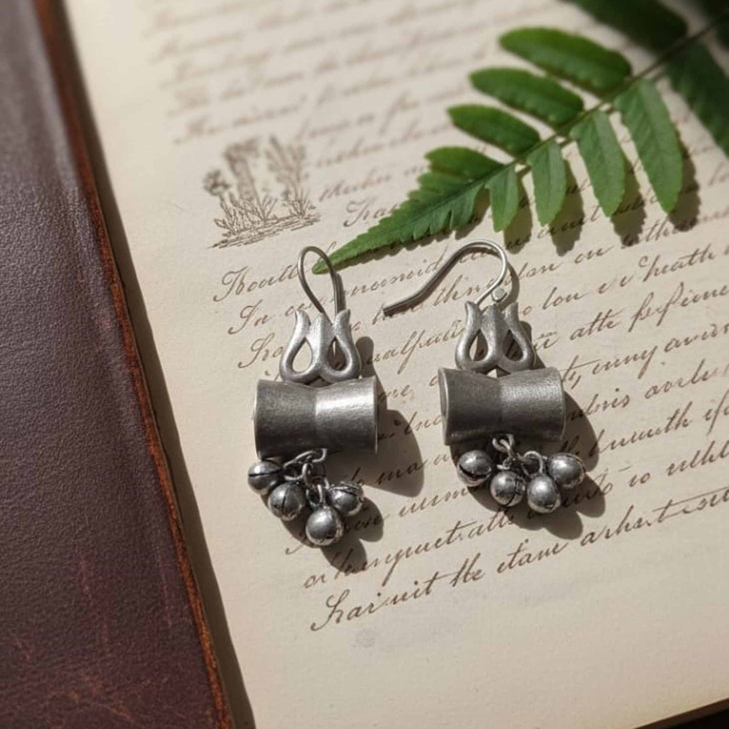 Minimal Tribal German Silver Hook Earrings with Ghungroo Charm